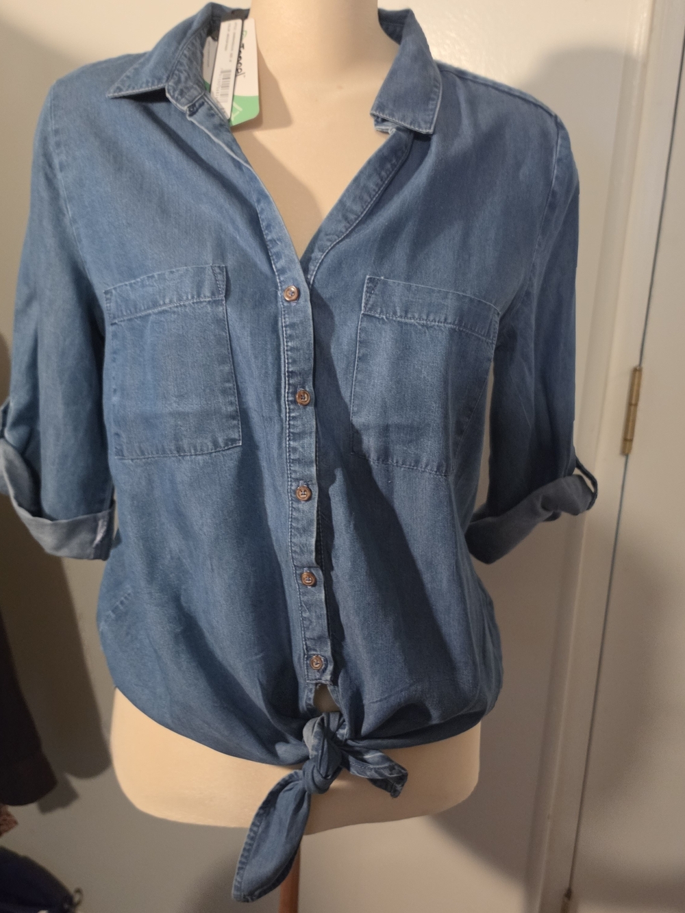 Harve Benard Blue Tie-Front Denim Button-Down Shirt